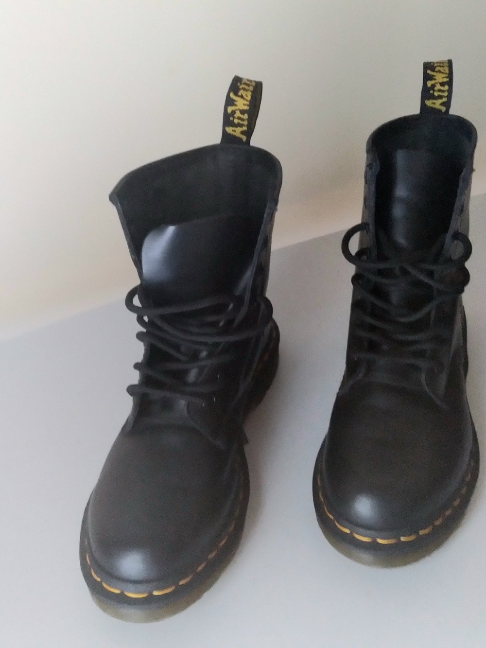 Dr. Martens Black Lace-Up Combat Boots with Yellow Stitching